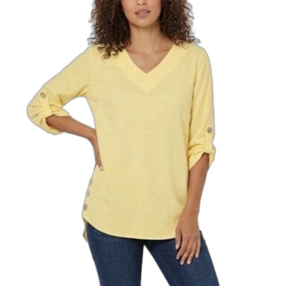 Soft Surroundings Women's Fairmont Yellow V-Neck Tab Sleeve Tunic Top Size M